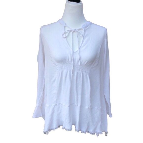 Silver Jeans Co Bell Sleeve Split Neck Raw Hem Peasant Top Women’s Sz Small - Picture 7 of 7